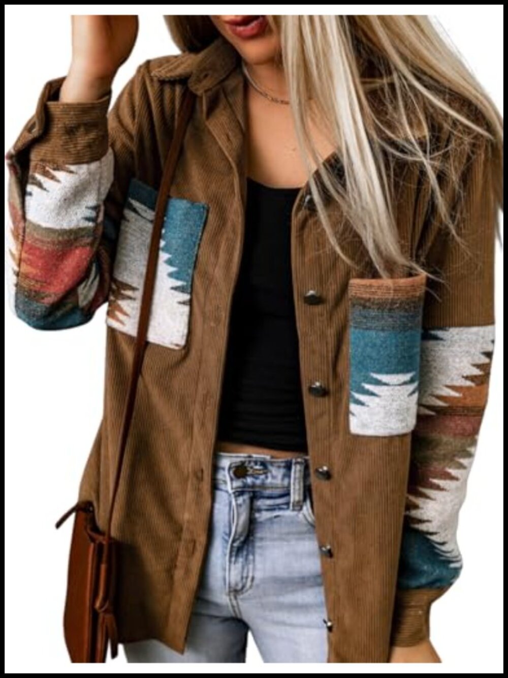Corduroy Aztec Button Down Shacket - Loose Fit Overshirt with Pockets